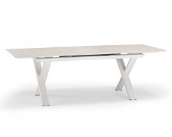 Aluminiowy stół ogrodowy SALINA beżowy nogami krzyżowe i rozkładany blat 200-260 cm kamienia spiekanego Salina