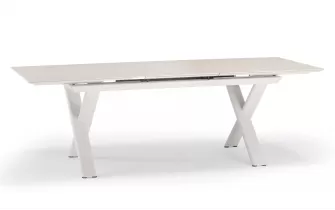 Aluminiowy stół ogrodowy SALINA beżowy nogami krzyżowe i rozkładany blat 200-260 cm kamienia spiekanego Salina