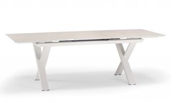 Aluminiowy stół ogrodowy SALINA beżowy nogami krzyżowe i rozkładany blat 200-260 cm kamienia spiekanego Salina