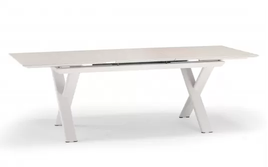 Aluminiowy stół ogrodowy SALINA beżowy nogami krzyżowe i rozkładany blat 200-260 cm kamienia spiekanego Salina