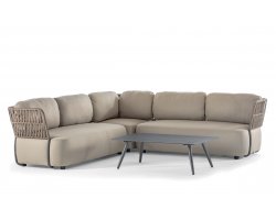 Beżowy luksusowy narożnik ogrodowy SOFT z materiału olefin i z bokami z pasów grube poduszki