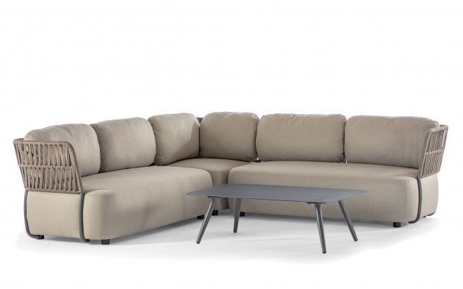 Beżowy luksusowy narożnik ogrodowy SOFT z materiału olefin i z bokami z pasów grube poduszki