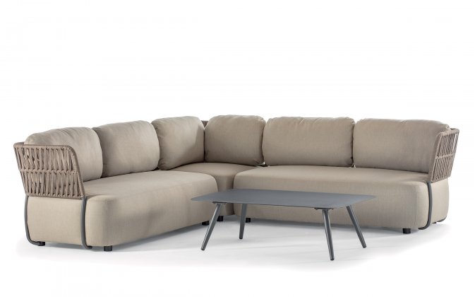 Beżowy luksusowy narożnik ogrodowy SOFT z materiału olefin i z bokami z pasów grube poduszki