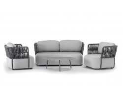 Luksusowy zestaw wypoczynkowy na taras z czarną ramą, ciemnoszarymi pasami i szarymi poduszkami SOFT