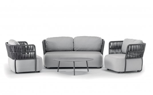 Luksusowy zestaw wypoczynkowy na taras z czarną ramą, ciemnoszarymi pasami i szarymi poduszkami SOFT