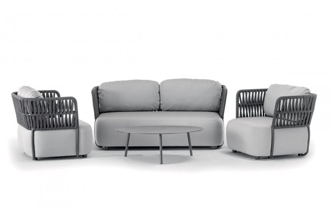 Luksusowy zestaw wypoczynkowy na taras z czarną ramą, ciemnoszarymi pasami i szarymi poduszkami SOFT