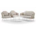 Beżowy nowoczesny komplet ogrodowy wypoczynkowy złożony z sofy i 2 foteli ze stolikiem Soho