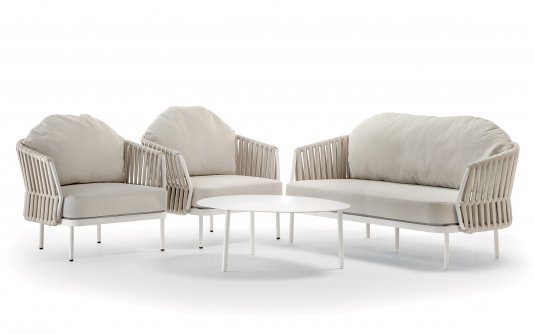 Beżowy nowoczesny komplet ogrodowy wypoczynkowy złożony z sofy i 2 foteli ze stolikiem Soho