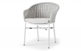 Jasnobeżowe krzesło ogrodowe z piękną plecionką z liny na oparciu z poduszką Olefin LECCE