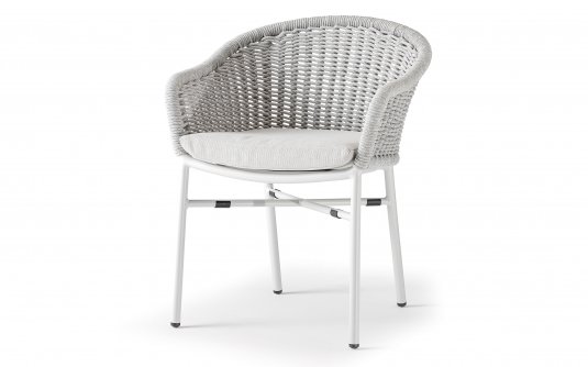 Jasnobeżowe krzesło ogrodowe z piękną plecionką z liny na oparciu z poduszką Olefin LECCE