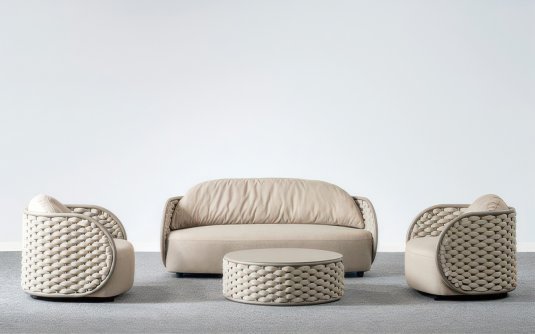 Luksusowy komplet wypoczynkowy ogrodowy MOJO z oplotem z pasów o refinansowych w kolorze taupe