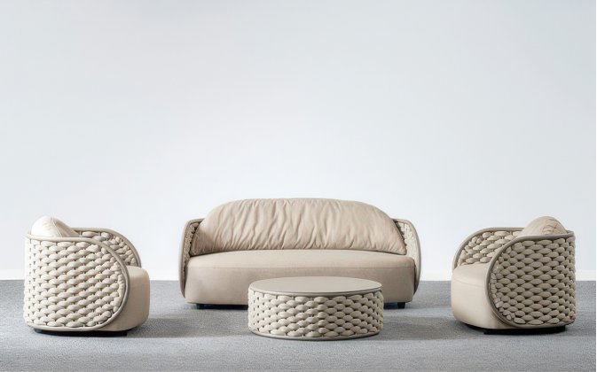 Luksusowy komplet wypoczynkowy ogrodowy MOJO z oplotem z pasów o refinansowych w kolorze taupe