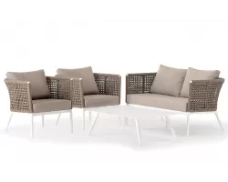 Zestaw ogrodowy wypoczynkowy z sofą dwuosobową 2 fotelami i z pięknym oplotem z liny polipropylenowej CUBE