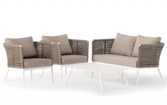 Zestaw ogrodowy wypoczynkowy z sofą dwuosobową 2 fotelami i z pięknym oplotem z liny polipropylenowej CUBE