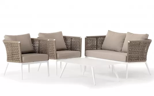 Zestaw ogrodowy wypoczynkowy z sofą dwuosobową 2 fotelami i z pięknym oplotem z liny polipropylenowej CUBE