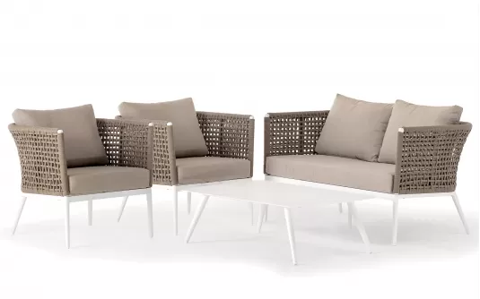 Zestaw ogrodowy wypoczynkowy z sofą dwuosobową 2 fotelami i z pięknym oplotem z liny polipropylenowej CUBE Zestaw ogrodowy wypoczynkowy z sofą dwuosobową 2 fotelami i z pięknym oplotem z liny polipropylenowej CUBE