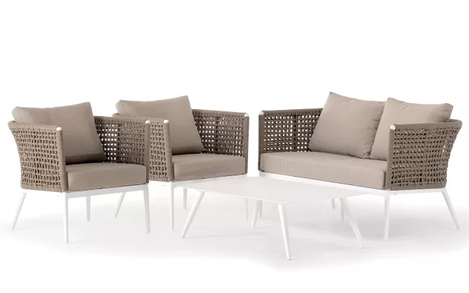 Zestaw ogrodowy wypoczynkowy z sofą dwuosobową 2 fotelami i z pięknym oplotem z liny polipropylenowej CUBE