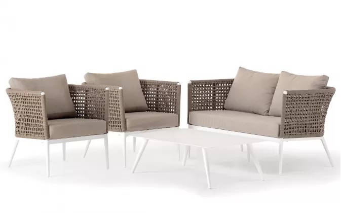 Zestaw ogrodowy wypoczynkowy z sofą dwuosobową 2 fotelami i z pięknym oplotem z liny polipropylenowej CUBE