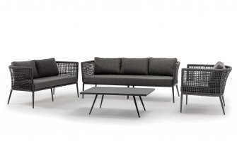 Zestaw ogrodowy wypoczynkowy z sofą trzyosobową 2 fotelami i z pięknym oplotem z liny polipropylenowej CUBE