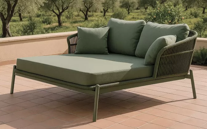 Dwuosobowa zielona leżanka ogrodowa aluminiowa TROPEA z plecionką z liny