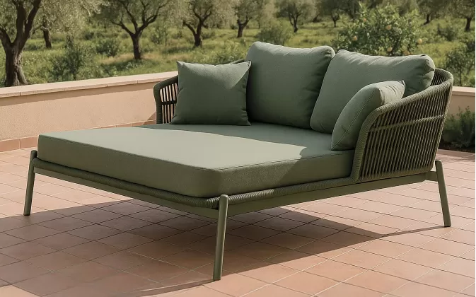 Dwuosobowa zielona leżanka ogrodowa aluminiowa TROPEA z plecionką z liny