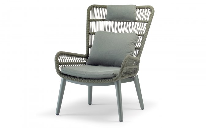 Zielony wysoki fotel ogrodowy, aluminiowy z oplotem z plecionki lina poduszki olefin TROPEA