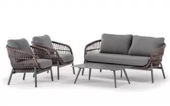 Grafitowo-brązowy zestaw aluminiowy ogrodowe sofą 2,5 os. 2 fotelami stolikiem ELBA