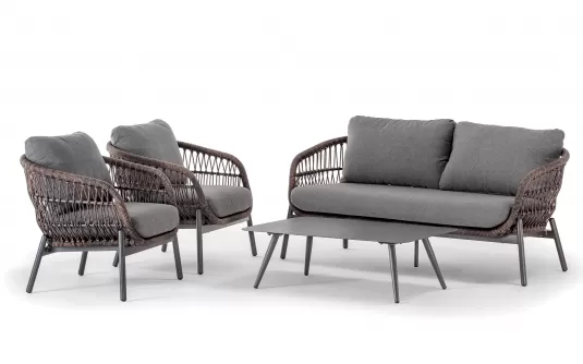 Grafitowo-brązowy zestaw aluminiowy ogrodowe sofą 2,5 os. 2 fotelami stolikiem ELBA