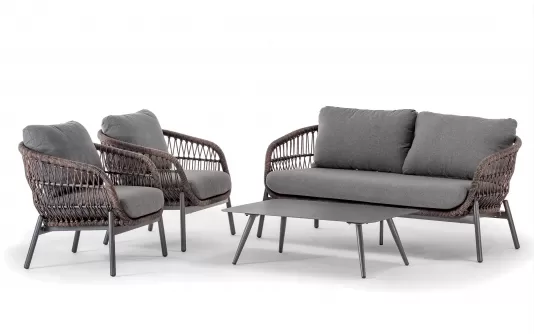 Grafitowo-brązowy zestaw aluminiowy ogrodowe sofą 2,5 os. 2 fotelami stolikiem ELBA