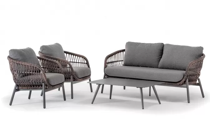 Grafitowo-brązowy zestaw aluminiowy ogrodowe sofą 2,5 os. 2 fotelami stolikiem ELBA