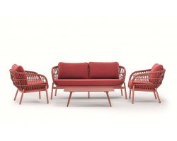 Elegancki zestaw wypoczynkowy z sofą 2,5 osobową na taras z czerwonej liny polipropylenowej elba