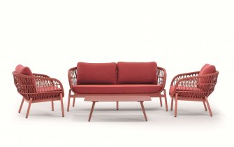 Elegancki zestaw wypoczynkowy z sofą 2,5 osobową na taras z czerwonej liny polipropylenowej elba