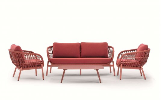 Elegancki zestaw wypoczynkowy z sofą 2,5 osobową na taras z czerwonej liny polipropylenowej elba