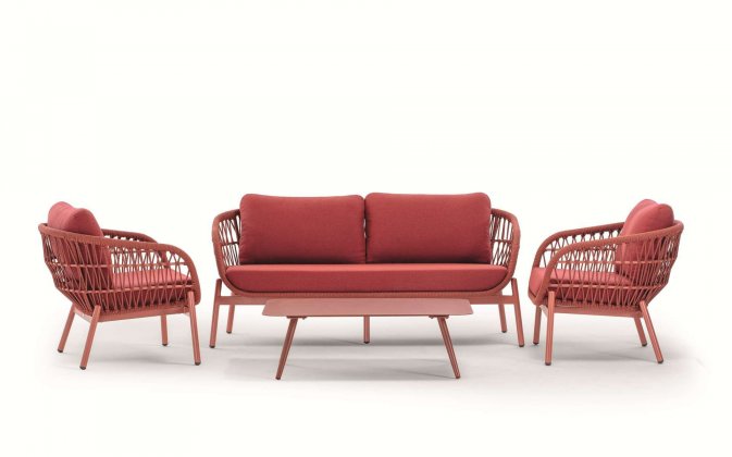Elegancki zestaw wypoczynkowy z sofą 2,5 osobową na taras z czerwonej liny polipropylenowej elba