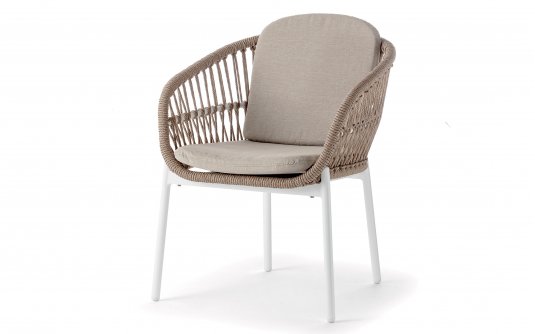 Biało-beżowe nowoczesne krzesło ogrodowe z siedziskiem z plecionki z liny elba Biało-beżowe nowoczesne krzesło ogrodowe z siedziskiem z plecionki z liny elba
