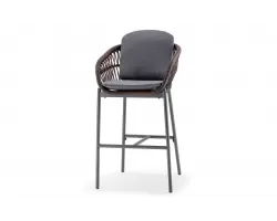 Grafitowo brązowy stołek ogrodowy barowy z aluminiową podstawą i oplotem siedziska z liny z poduszką ELBA