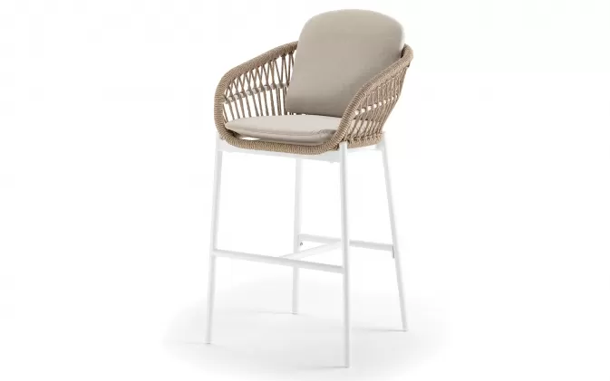 Biało beżowy stołek ogrodowy barowy z aluminiową podstawą i oplotem siedziska z liny z poduszką ELBA
