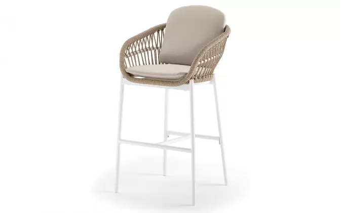 Biało beżowy stołek ogrodowy barowy z aluminiową podstawą i oplotem siedziska z liny z poduszką ELBA
