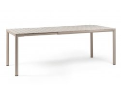 Beżowy stół ogrodowy rozkładany z aluminiową podstawą i z blatem z polipropylenu tevere 147-211