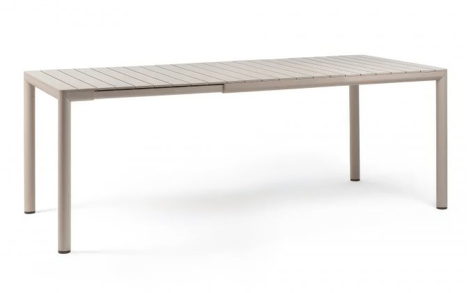 Beżowy stół ogrodowy rozkładany z aluminiową podstawą i z blatem z polipropylenu tevere 147-211
