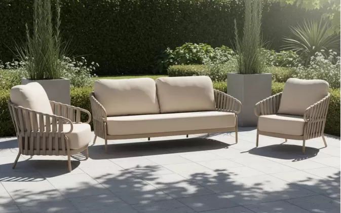 Przytulny i luksusowy zestaw wypoczynkowy beżowy aluminiowy na taras nuri