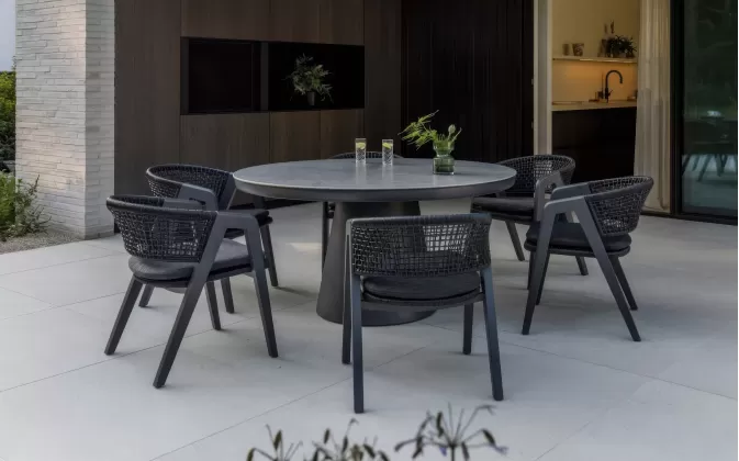 Meble ogrodowe stołowe aluminiowe grafitowe z okrągłym stołem 150 cm i 6 krzesłami algarve