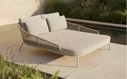 Beżowe łóżko ogrodowe aluminium poduszki soltex i lina polipropylenowa Beżowe łóżko ogrodowe aluminium poduszki soltex i lina polipropylenowa