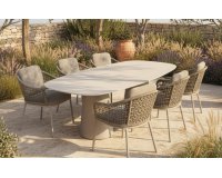 Luksusowy komplet stołowy na taras w kolorze beżowym z 6 krzesłami i stołem z blatem ceramicznym
