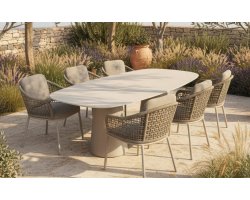 Luksusowy komplet stołowy na taras w kolorze beżowym z 6 krzesłami i stołem z blatem ceramicznym