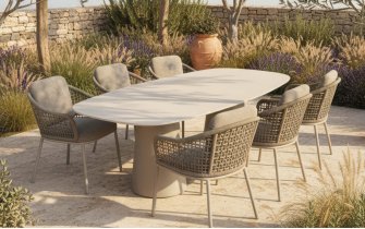 Luksusowy komplet stołowy na taras w kolorze beżowym z 6 krzesłami i stołem z blatem ceramicznym