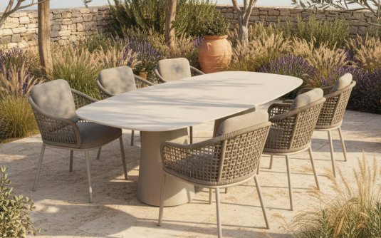 Luksusowy komplet stołowy na taras w kolorze beżowym z 6 krzesłami i stołem z blatem ceramicznym