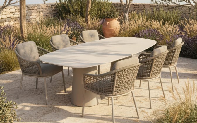 Luksusowy komplet stołowy na taras w kolorze beżowym z 6 krzesłami i stołem z blatem ceramicznym