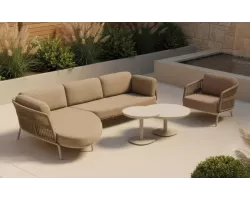 Luksusowa jasnobeżowa sofa ogrodowa z szezlongiem narożnik ginora