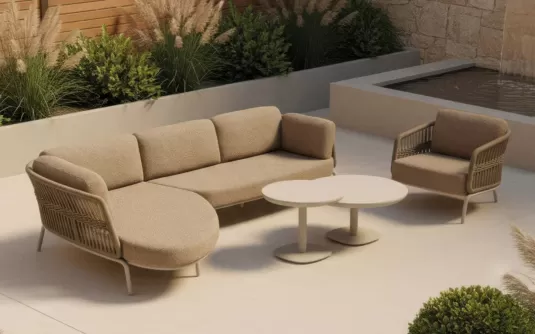 Luksusowa jasnobeżowa sofa ogrodowa z szezlongiem narożnik ginora